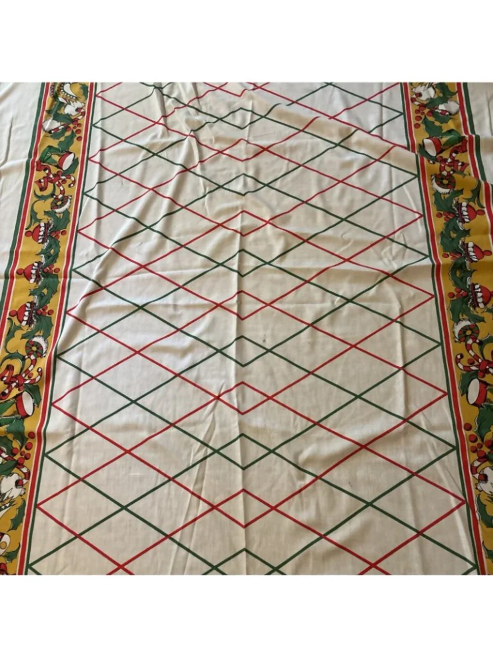 Vintage Large Christmas Tablecloth Red Green & Gold Border Size 81 X 60
